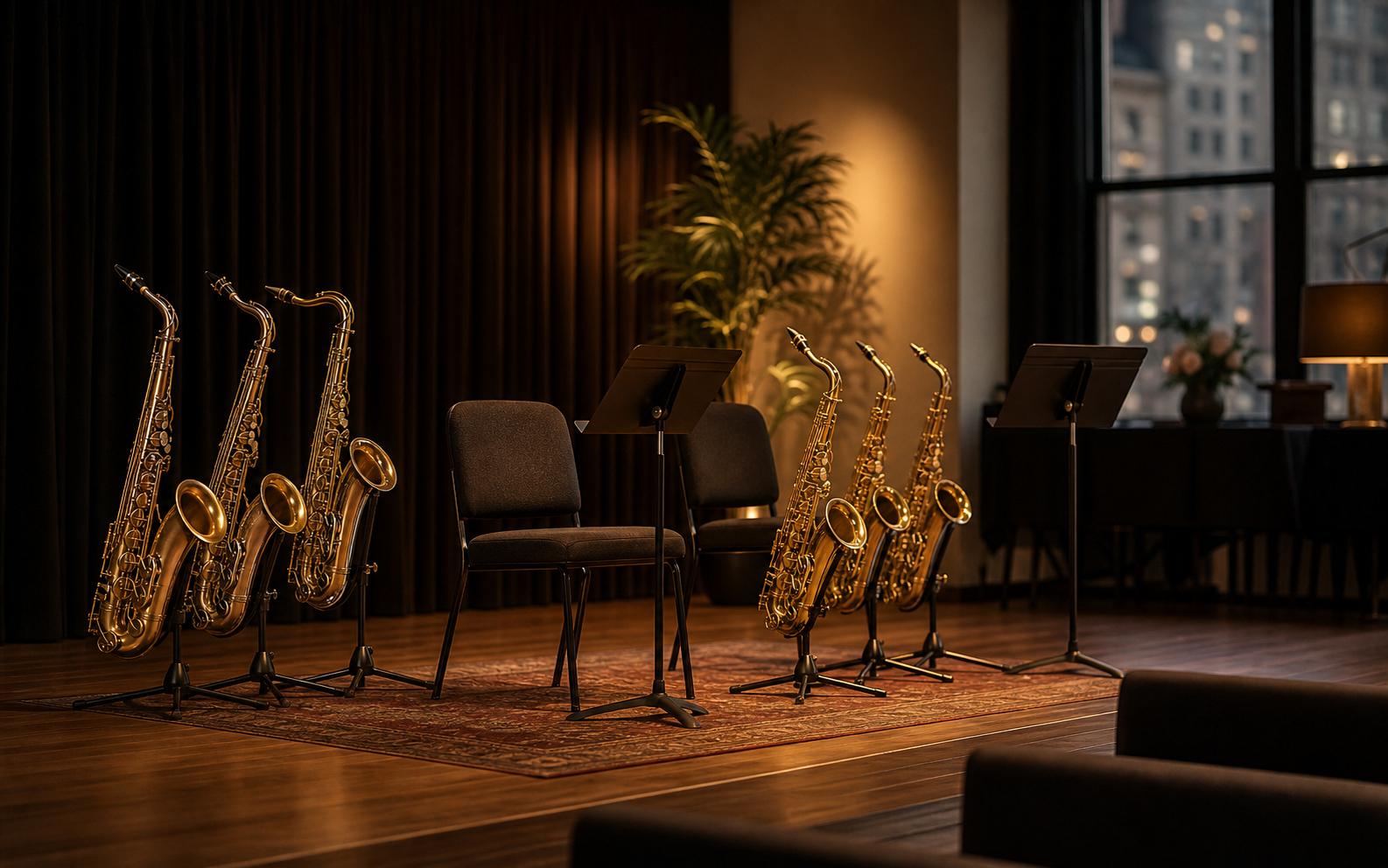 Mock saxophone demonstration setup with instruments, chairs and music stands