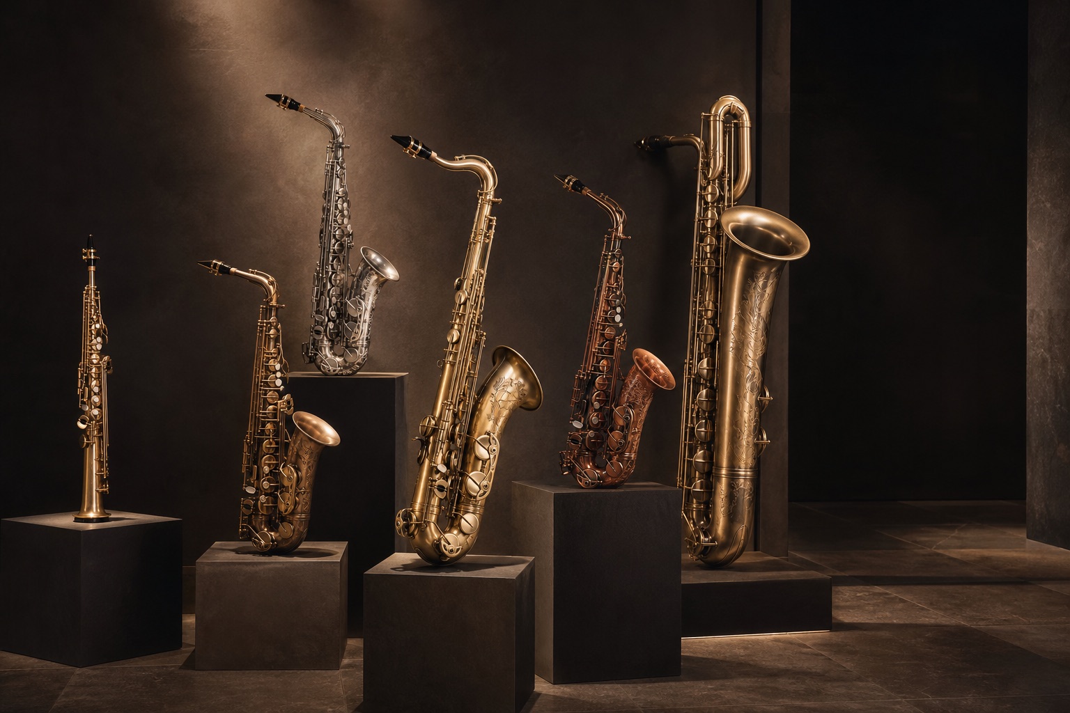 A family of handmade saxophones arranged as sculptural objects in warm showroom light
